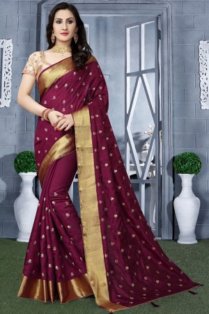 Lovely Maroon Resham Embroidered Saree With Resham Blouse