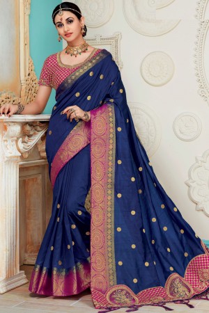 Beautiful Blue Silk Embroidered Saree With Silk Blouse