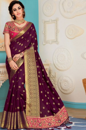 Classic Purple Silk Embroidered Saree With Silk Blouse