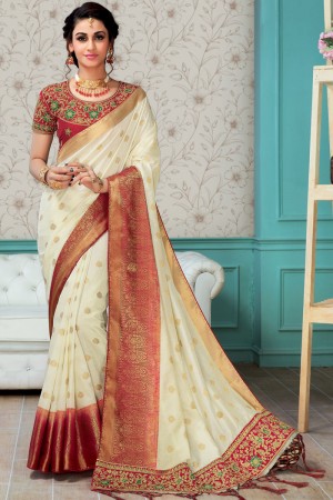Graceful Off White Silk Embroidered Saree With Silk Blouse