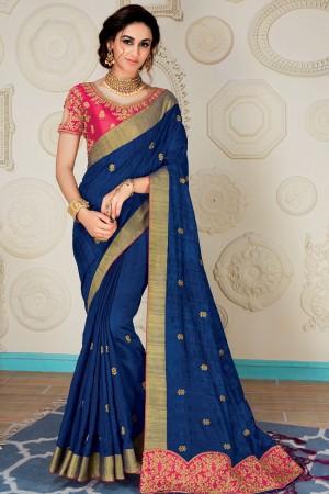 Excellent Blue Silk Embroidered Saree With Silk Blouse