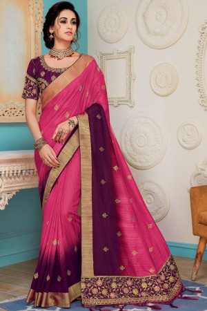 Optimum Pink Silk Embroidered Saree With Silk Blouse With Silk Blouse
