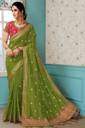 Lovely Green Silk Embroidered Saree With Silk Blouse