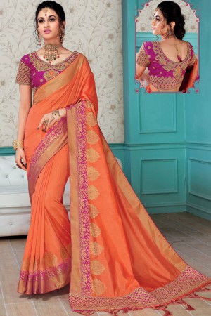 Desirable Orange Silk Embroidered Saree With Silk Blouse