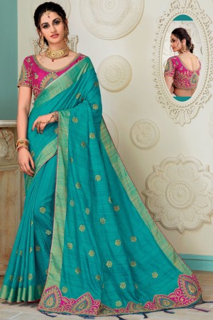 Ultimate Turquoise Silk Embroidered Saree With Silk Blouse