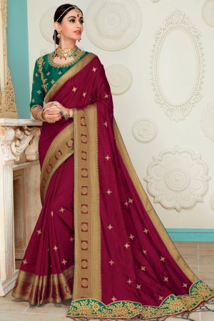 Charming Maroon Silk Embroidered Saree With Silk Blouse