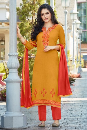 Beautiful Mustard Cotton Embroidered Casual Salwar Suit