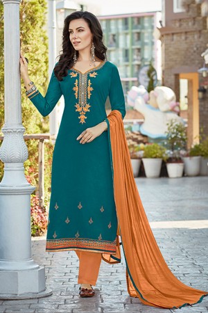 Gorgeous Teal Cotton Embroidered Casual Salwar Suit