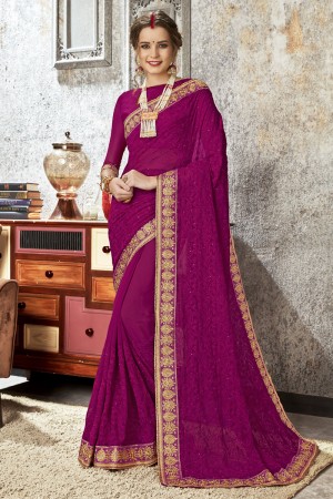 Classic Purple Chiffon Embroidered Saree With Banglori Silk Blouse