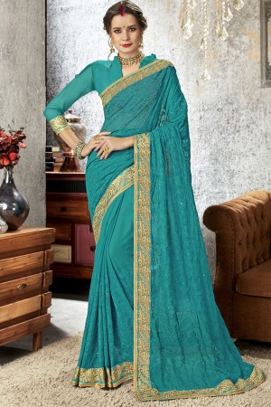 Stylish Turquoise Chiffon Embroidered Saree With Banglori Silk Blouse