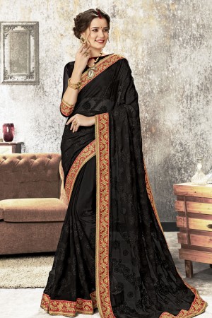 Supreme Black Chiffon Embroidered Saree With Banglori Silk Blouse