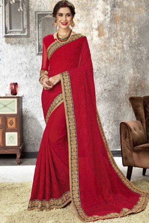 Charming Red Chiffon Embroidered Saree With Banglori Silk Blouse