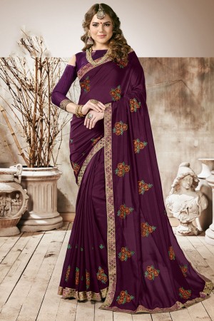 Ultimate Purple Georgette Embroidered Saree With Banglori Silk Blouse