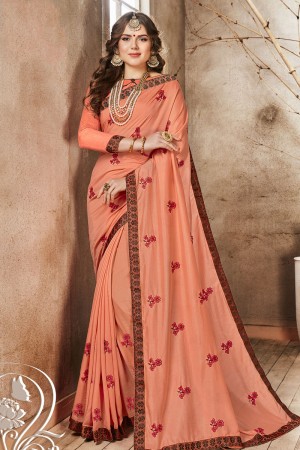 Stylish Peach Georgette Embroidered Casual Saree With Banglori Silk Blouse