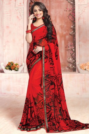 Lovely Red Georgette Printed Saree With Georgette Blouse