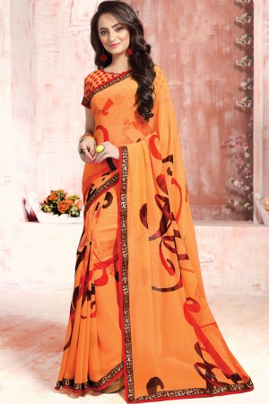 Classic Orange Georgette Printed Saree With Georgette Blouse