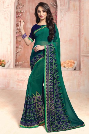 Desirable Green Georgette Printed Saree With Georgette Blouse