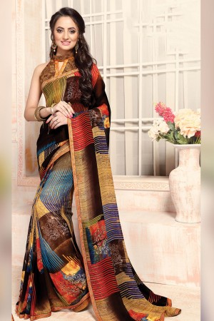 Excellent Multi Color Georgette Printed Saree With Georgette Blouse