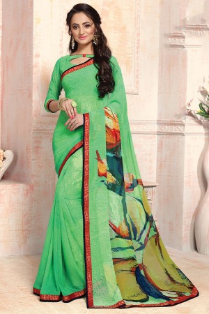 Gorgeous Green Georgette Printed Saree With Georgette Blouse