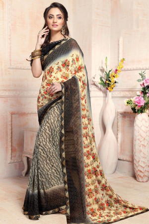 Beautiful Yellow and Black Georgette Printed Saree With Georgette Blouse