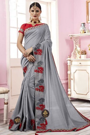 Pretty Grey Satin and Georgette Embroidered Saree With Banglori Silk Blouse