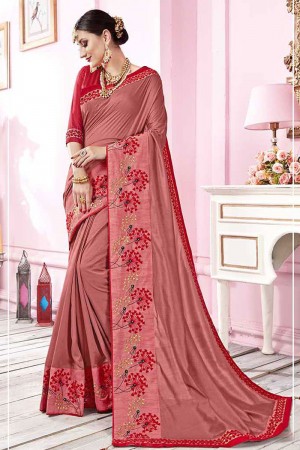 Excellent Peach Satin and Georgette Embroidered Saree With Banglori Silk Blouse