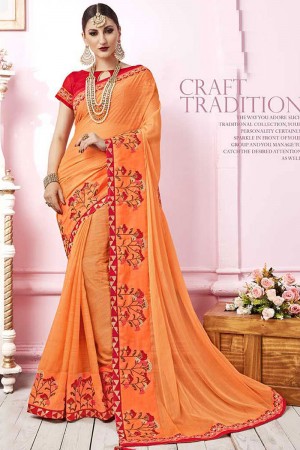 Beautiful Orange Satin and Georgette Embroidered Saree With Banglori Silk Blouse