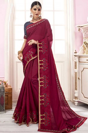 Gorgeous Maroon Satin and Georgette Embroidered Saree With Banglori Silk Blouse