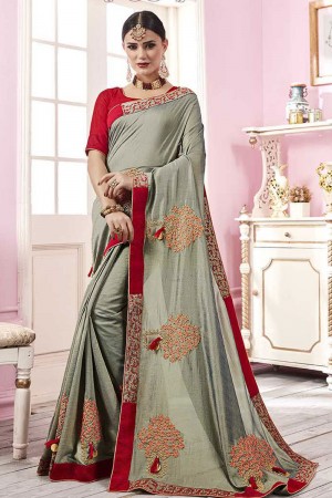 Admirable Green Satin and Georgette Embroidered Saree With Banglori Silk Blouse