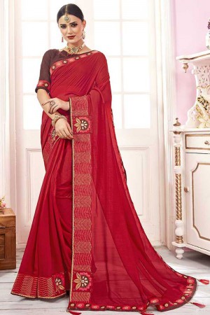 Stylish Red Satin and Georgette Embroidered Saree With Banglori Silk Blouse