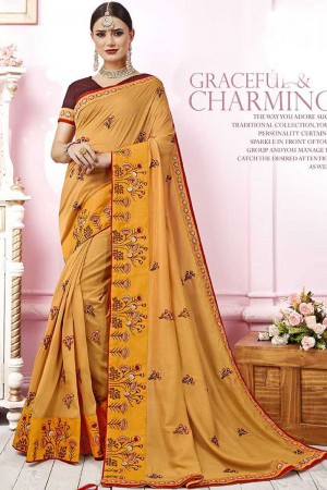 Charming Yellow Satin and Georgette Embroidered Saree With Banglori Silk Blouse