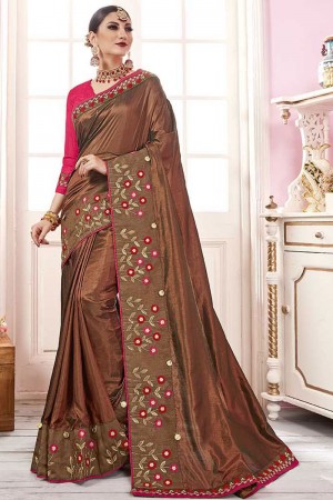 Supreme Brown Satin and Georgette Embroidered Saree With Banglori Silk Blouse