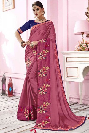 Ultimate Pink Satin and Georgette Embroidered Saree With Banglori Silk Blouse