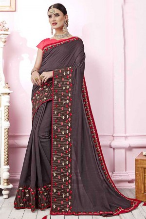 Optimum Grey Satin and Georgette Embroidered Saree With Banglori Silk Blouse