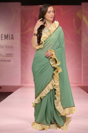 Stylish Green Chiffon Saree With Satin and Silk Blouse