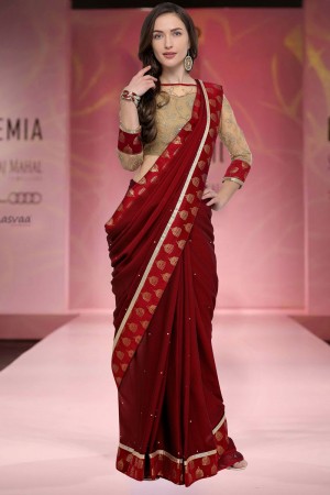 Gorgeous Maroon Chiffon Saree With Satin and Silk Blouse