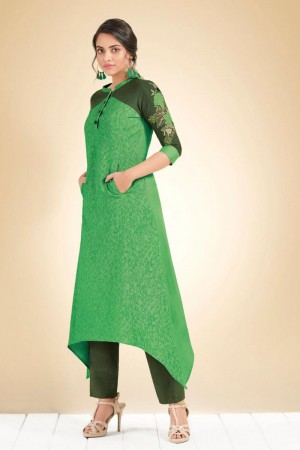 Lovely Green Cotton Designer Embroidered Kurti