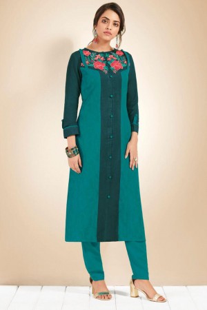 Excellent Teal and Green Cotton Designer Embroidered Kurti