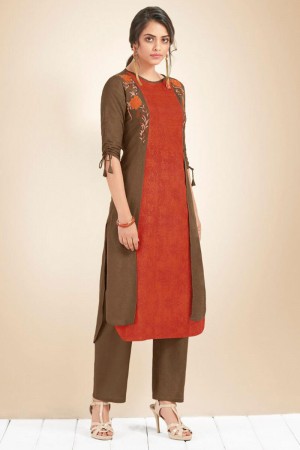 Graceful Brown and Orange Cotton Designer Embroidered Kurti