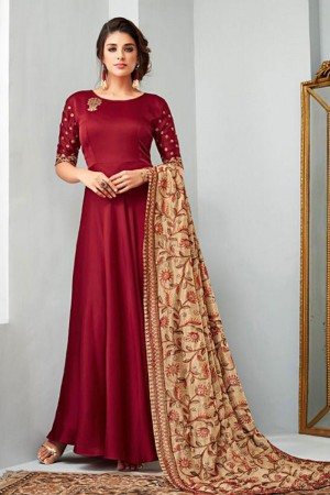 Pretty Maroon Satin and Georgette Embroidered Anarkali Salwar Suit