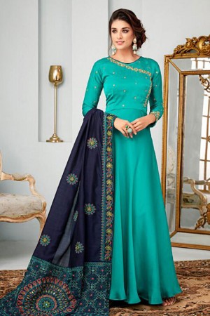 Lovely Turquoise Satin and Georgette Embroidered Anarkali Salwar Suit