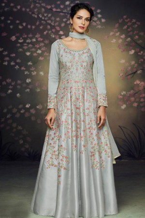 Admirable Grey Satin and Silk Embroidered Designer Gown