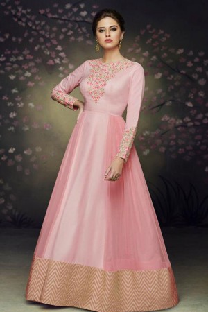 Pretty Pink Satin and Silk Embroidered Long Length Designer Gown
