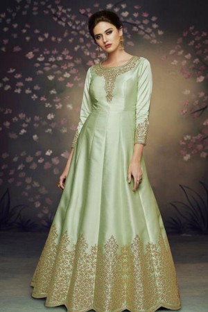 Gorgeous Green Satin and Silk Embroidered Long Length Designer Gown