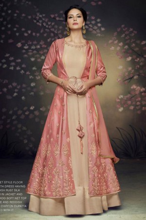 Charming Pink and Grey Net Designer Embroidered Gown