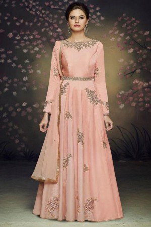 Supreme Peach Satin and Silk Embroidered Designer Gown