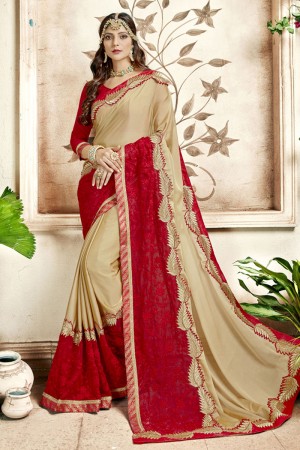 Classic Beige and Red Georgette Embroidered Saree With Banarasi Silk Blouse