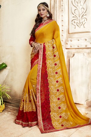 Desirable Yellow Georgette Embroidered Saree With Banarasi Silk Blouse