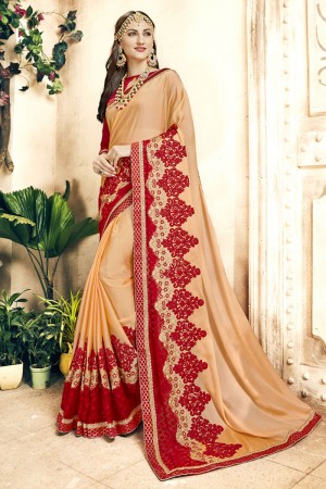 Pretty Cream and Red Georgette Embroidered Saree With Banarasi Silk Blouse