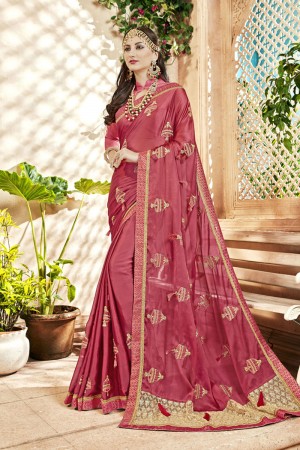 Classic Pink Georgette Embroidered Saree With Banarasi Silk Blouse